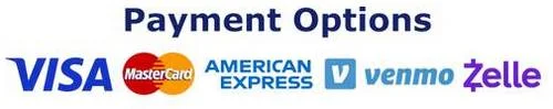 Payment options: VISA, MasterCard, American Express, Venmo, Zelle
