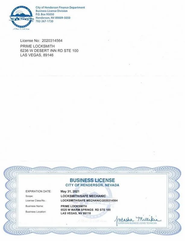 Prime Locksmith Clark County Business License