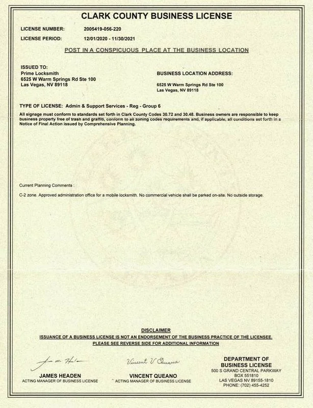 Prime Locksmith Business License